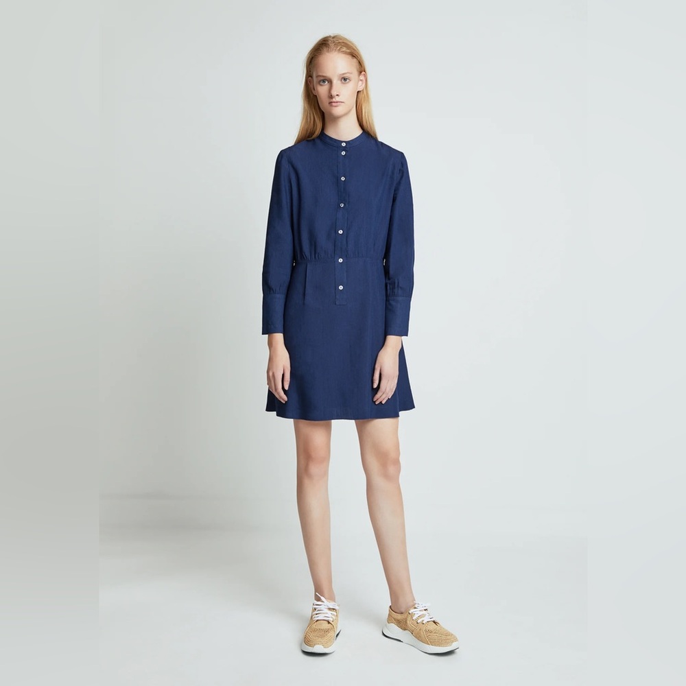 A.P.C. Kimya Collarless Button Front Dress in Indigo Blue Size 34 FR Viscose